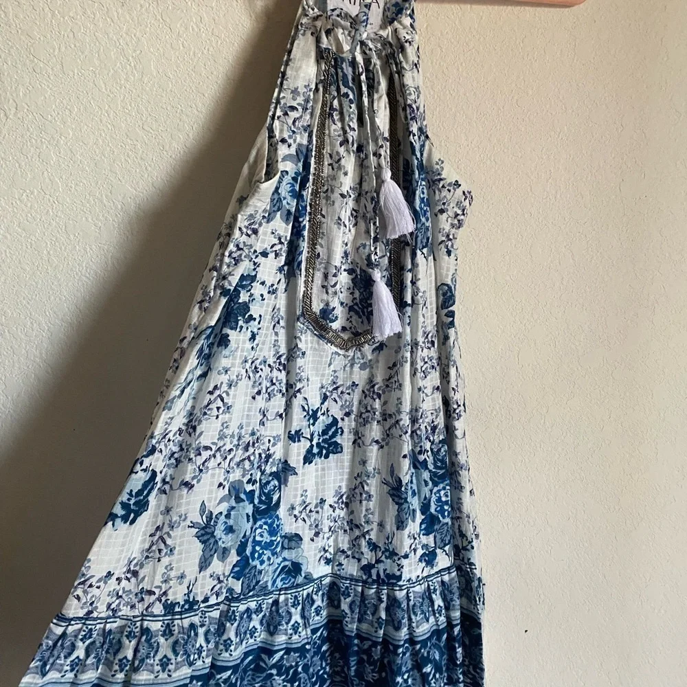 MIRA PIERINA FLORAL SILVER EMBROIDERY TASSEL TIE SHORT BOHO BEACH DRESS SIZE M